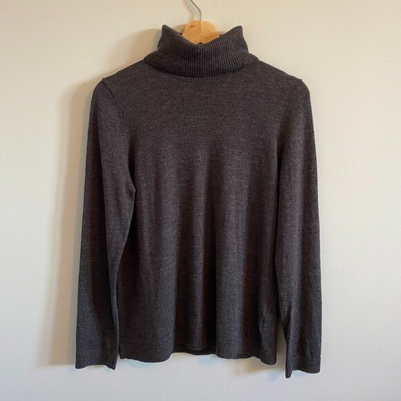 Jones New York 100% Merino Wool Charcoal Grey Turtleneck Sweater Thin Knit - Picture 1 of 12